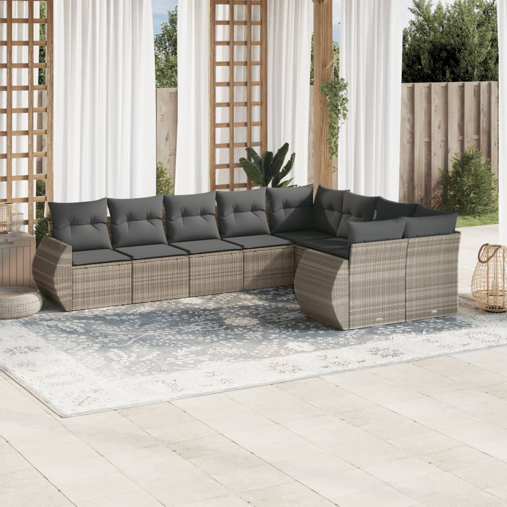 vidaXL 9-tlg. Garten-Sofagarnitur mit Kissen Hellgrau Poly Rattan