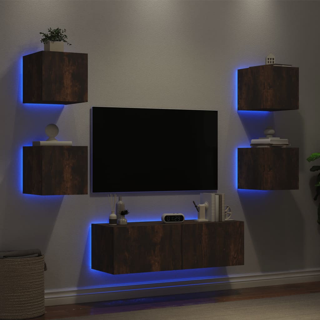 vidaXL 5-tlg. TV-Wohnwand mit LED-Leuchten Räuchereiche