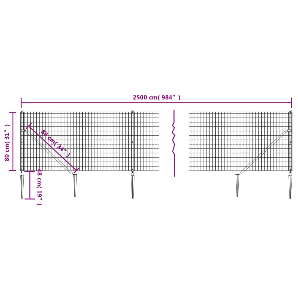 vidaXL Maschendrahtzaun mit Bodenhülsen Grün 0,8x25 m