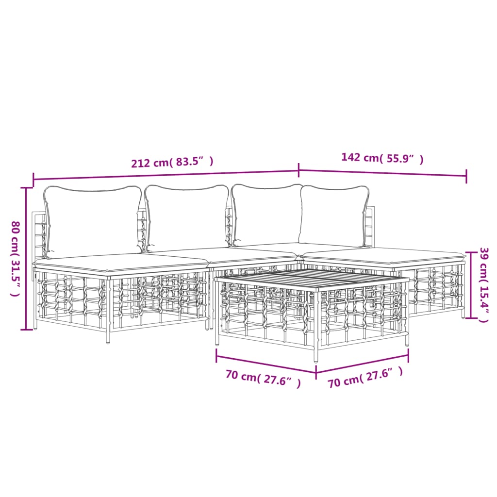 vidaXL 5-tlg. Garten-Lounge-Set mit Kissen Anthrazit Poly Rattan