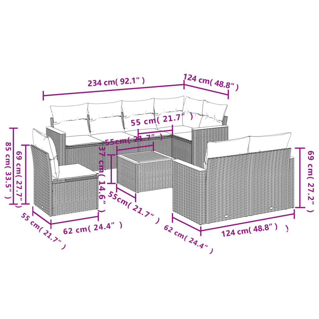 vidaXL 9-tlg. Garten-Sofagarnitur mit Kissen Schwarz Poly Rattan