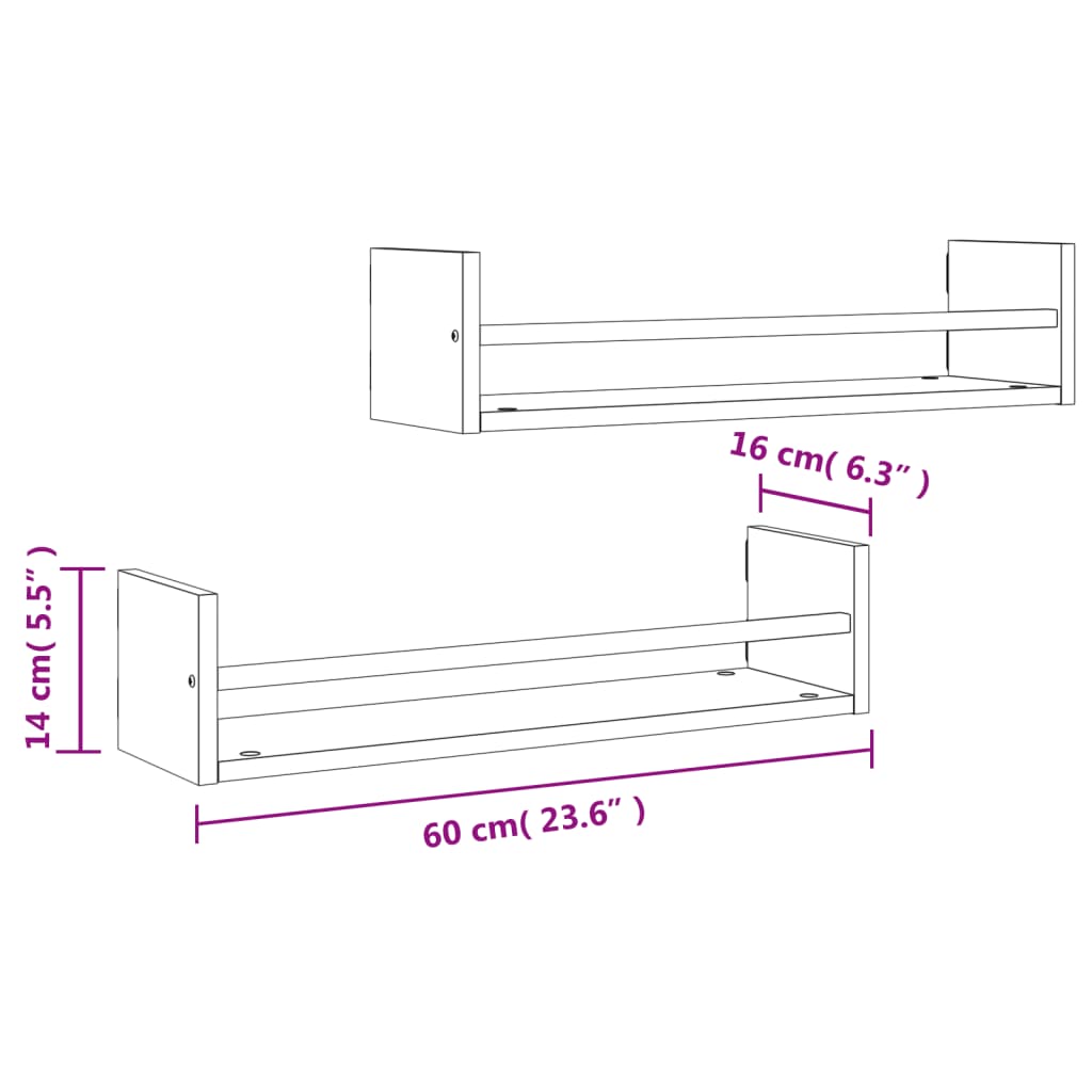 vidaXL Wandregale mit Stangen 2 Stk. Braun Eichen-Optik 60x16x14 cm