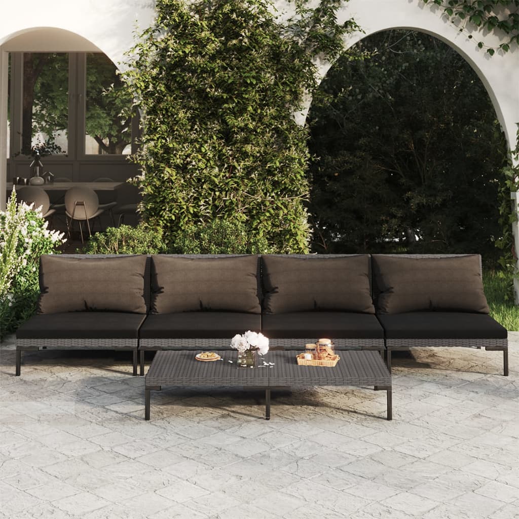 vidaXL 5-tlg. Garten-Lounge-Set mit Kissen Poly Rattan Dunkelgrau