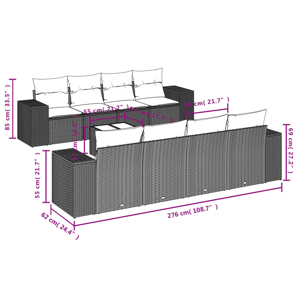 vidaXL 9-tlg. Garten-Sofagarnitur mit Kissen Schwarz Poly Rattan