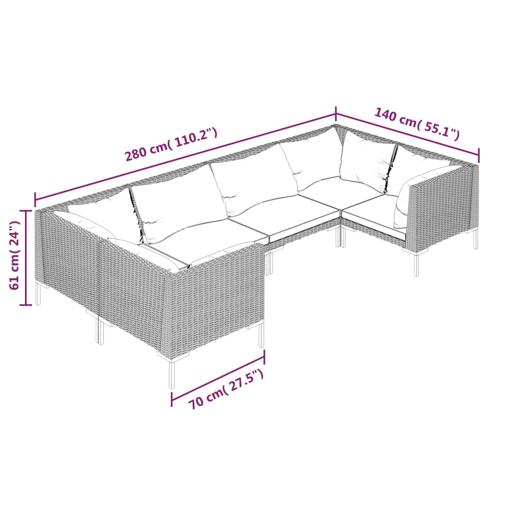 vidaXL 6-tlg. Garten-Lounge-Set mit Kissen Poly Rattan Dunkelgrau