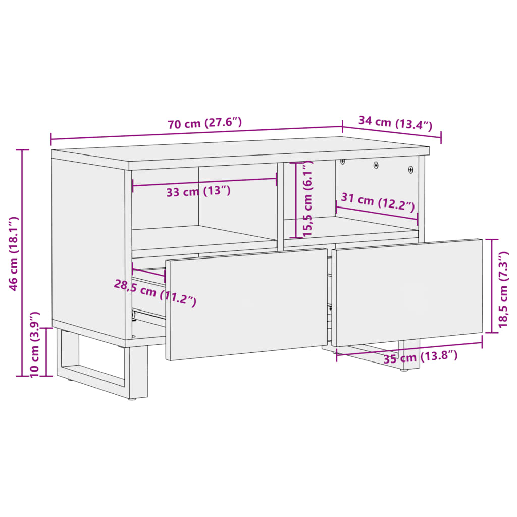 vidaXL TV-Schrank Braun 70x34x46 cm Massivholz Mango