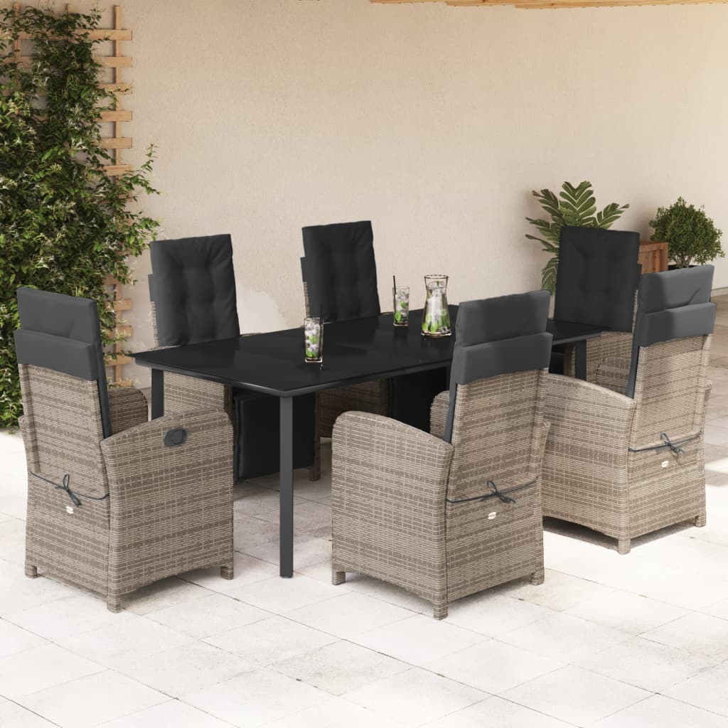 vidaXL 7-tlg. Garten-Essgruppe mit Kissen Grau Poly Rattan