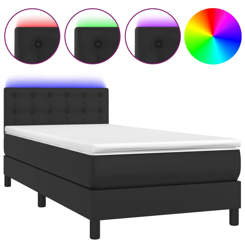 vidaXL Boxspringbett mit Matratze & LED Schwarz 90x200 cm Kunstleder