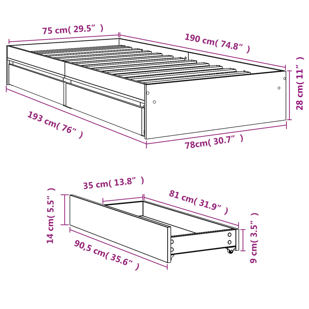 vidaXL Bettgestell mit Schubladen Sonoma-Eiche 75x190 cm Holzwerkstoff