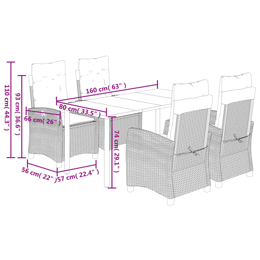 vidaXL 5-tlg. Garten-Essgruppe mit Kissen Grau Poly Rattan