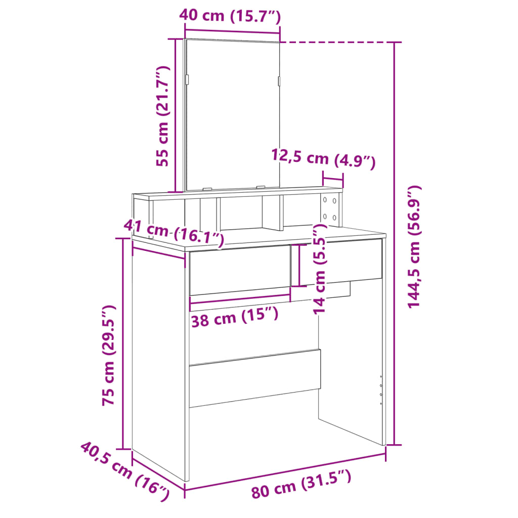 vidaXL Schminktisch mit Spiegel Betongrau 80x41x144,5 cm