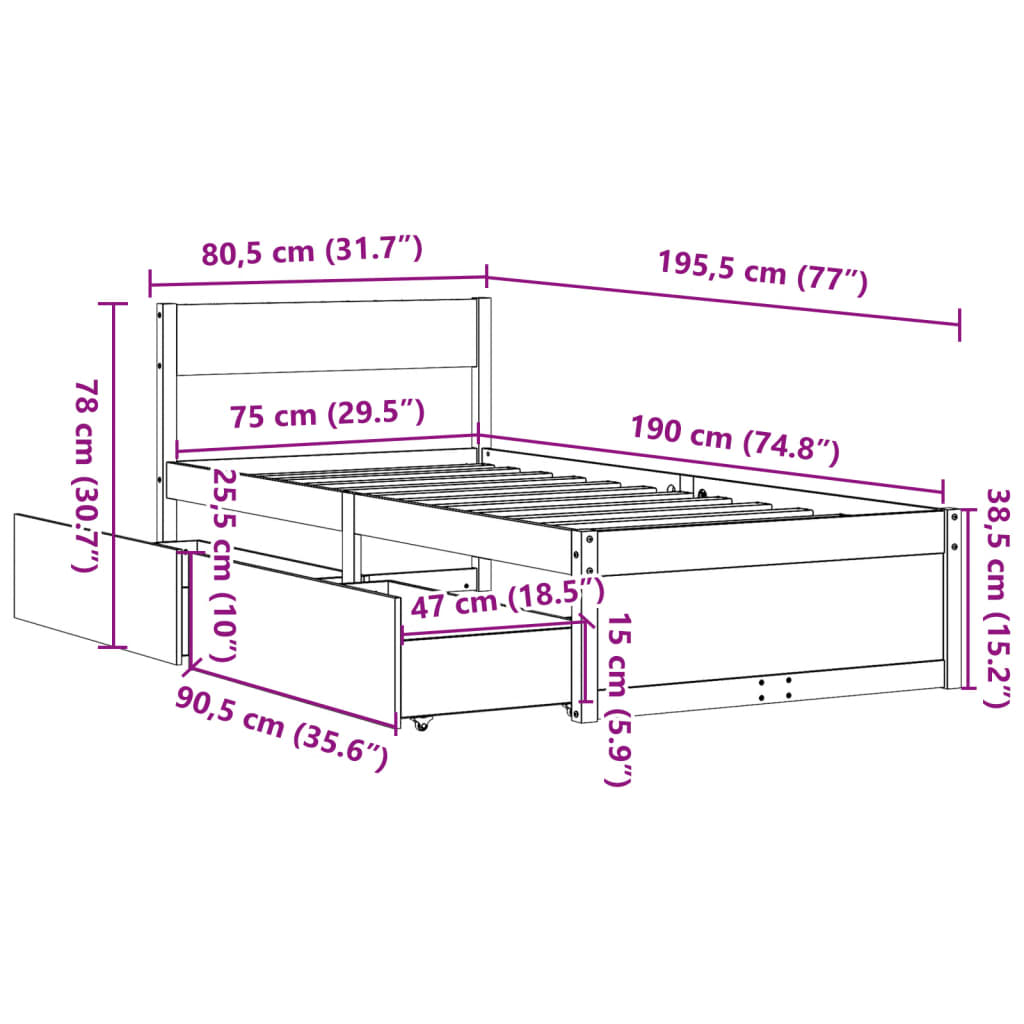 vidaXL Massivholzbett ohne Matratze 75x190 cm Kiefernholz