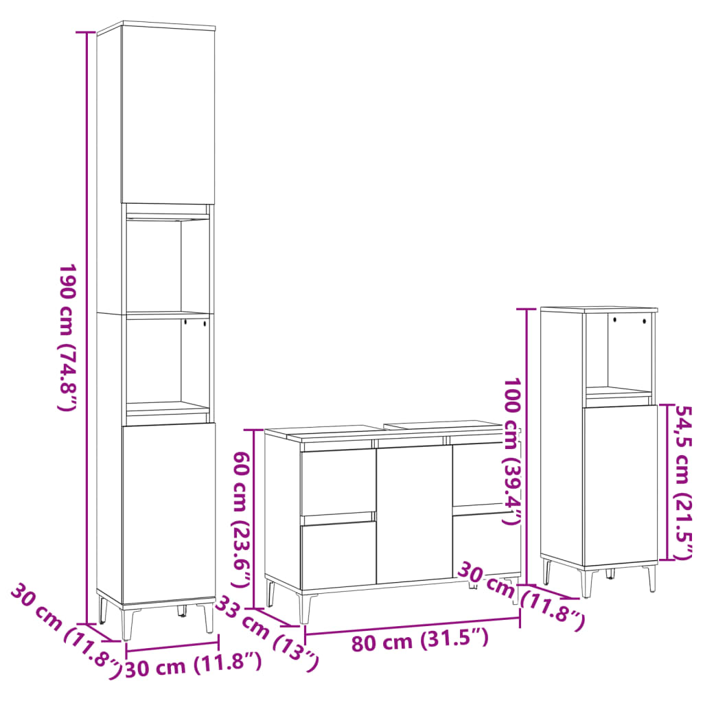 vidaXL 3-tlg. Badmöbel-Set Sonoma-Eiche Holzwerkstoff