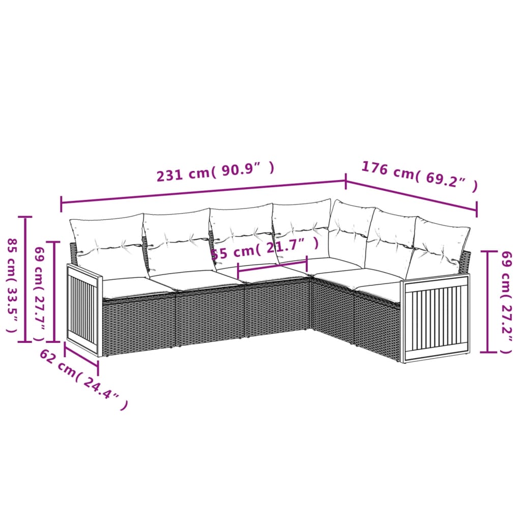 vidaXL 6-tlg. Garten-Sofagarnitur mit Kissen Beige Poly Rattan