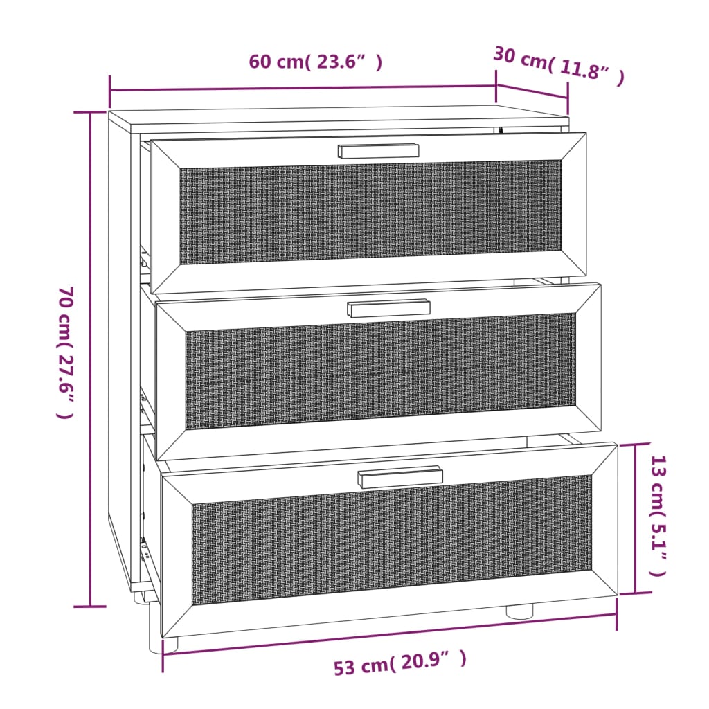 vidaXL Sideboard Weiß 60x30x70 cm Massivholz Kiefer und Natur-Rattan