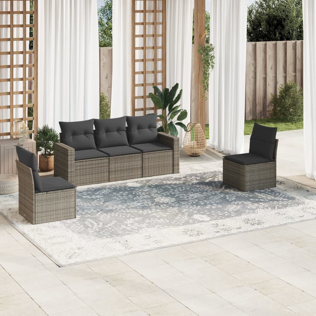 vidaXL 5-tlg. Garten-Sofagarnitur mit Kissen Grau Poly Rattan