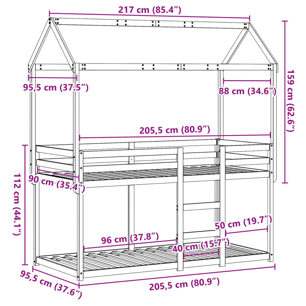 vidaXL Etagenbett mit Dach Wachsbraun 90x200 cm Massivholz Kiefer