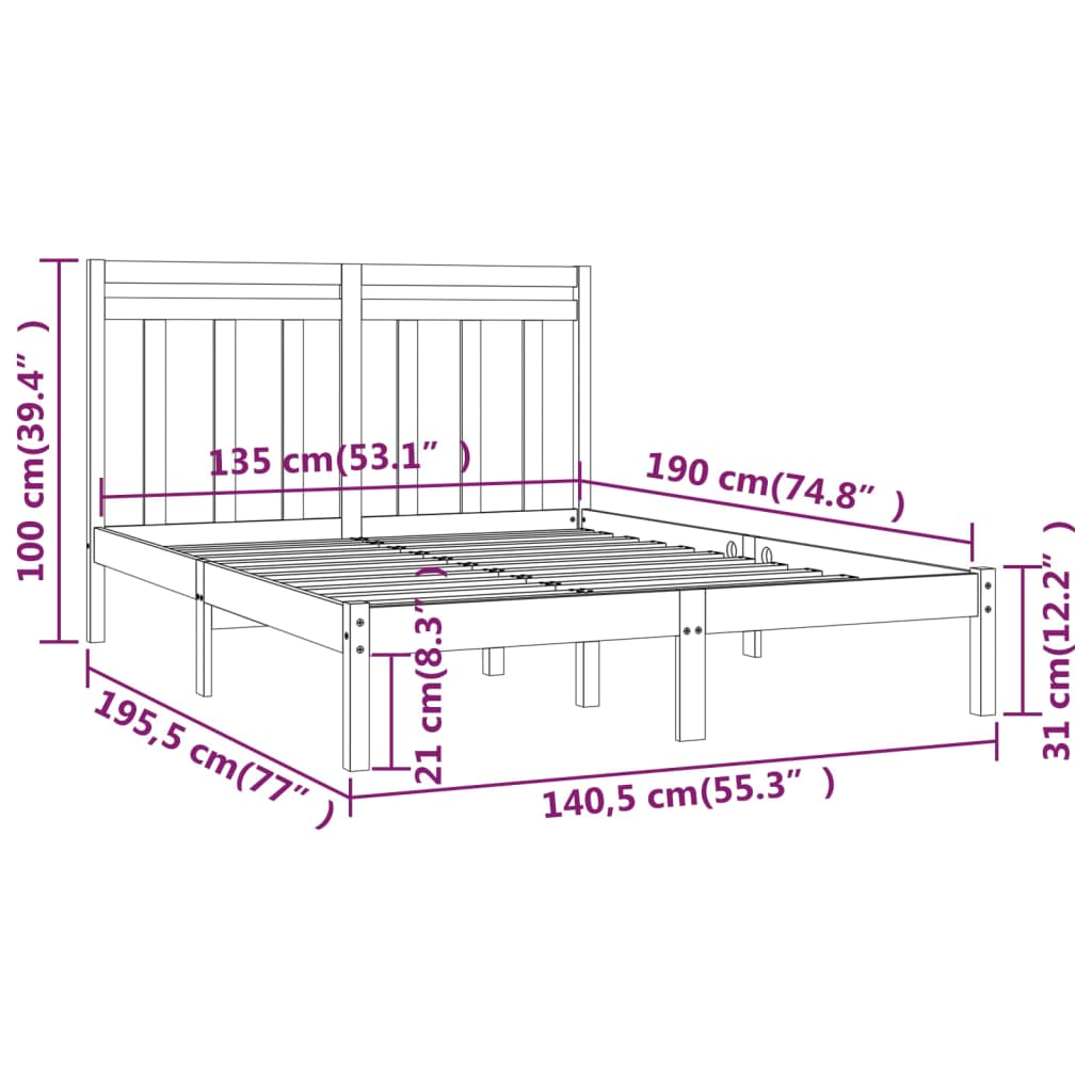 vidaXL Massivholzbett Schwarz 135x190 cm