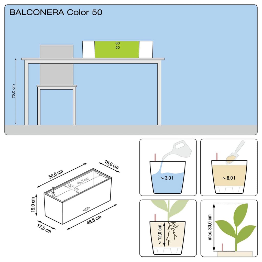 LECHUZA Blumenkasten Balconera Color 50 Komplett-Set Grau 15673