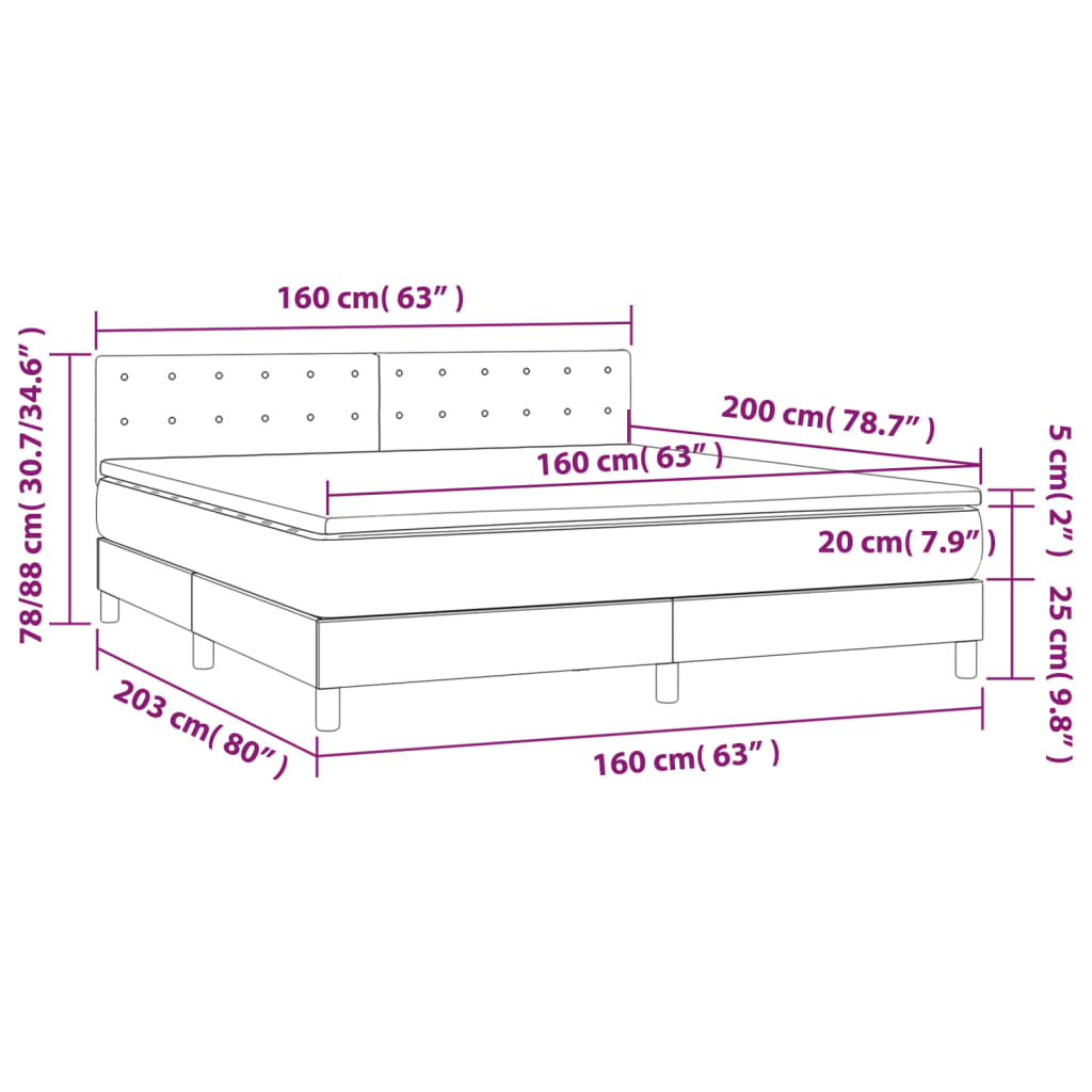 vidaXL Boxspringbett mit Matratze & LED Dunkelgrau 160x200 cm Samt