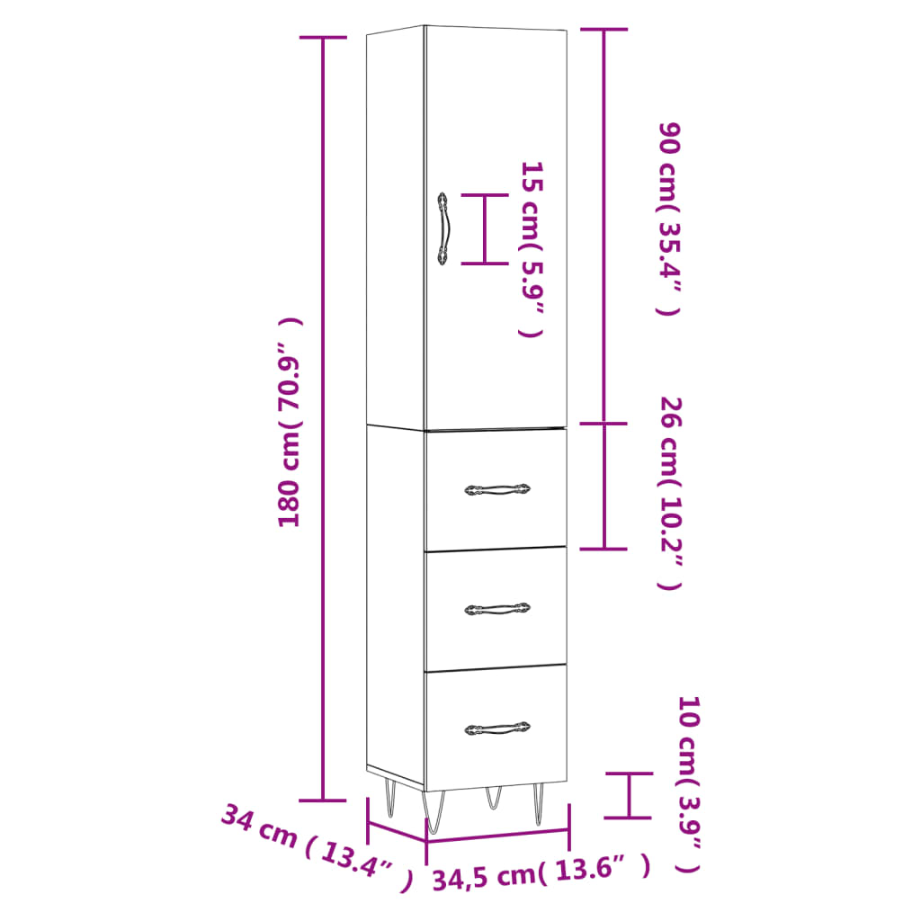 vidaXL Highboard Weiß 34,5x34x180 cm Holzwerkstoff