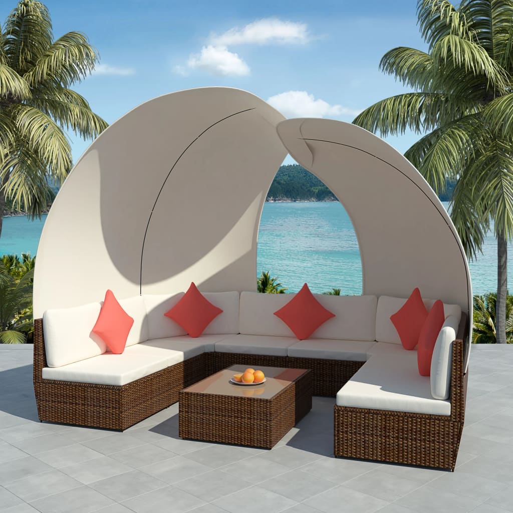 vidaXL 9-tlg. Garten-Lounge-Set mit Sonnendächern Poly Rattan Braun