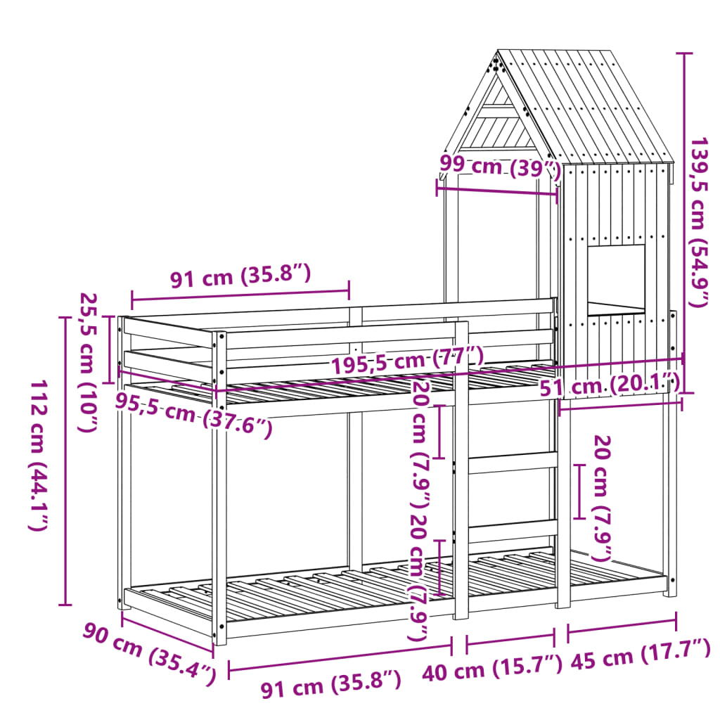 vidaXL Etagenbett mit Dach Wachsbraun 90x190 cm Massivholz Kiefer