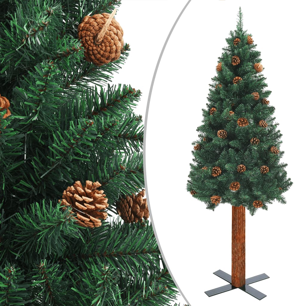 vidaXL Weihnachtsbaum Schlank mit Beleuchtung & Zapfen Echtholz 150 cm