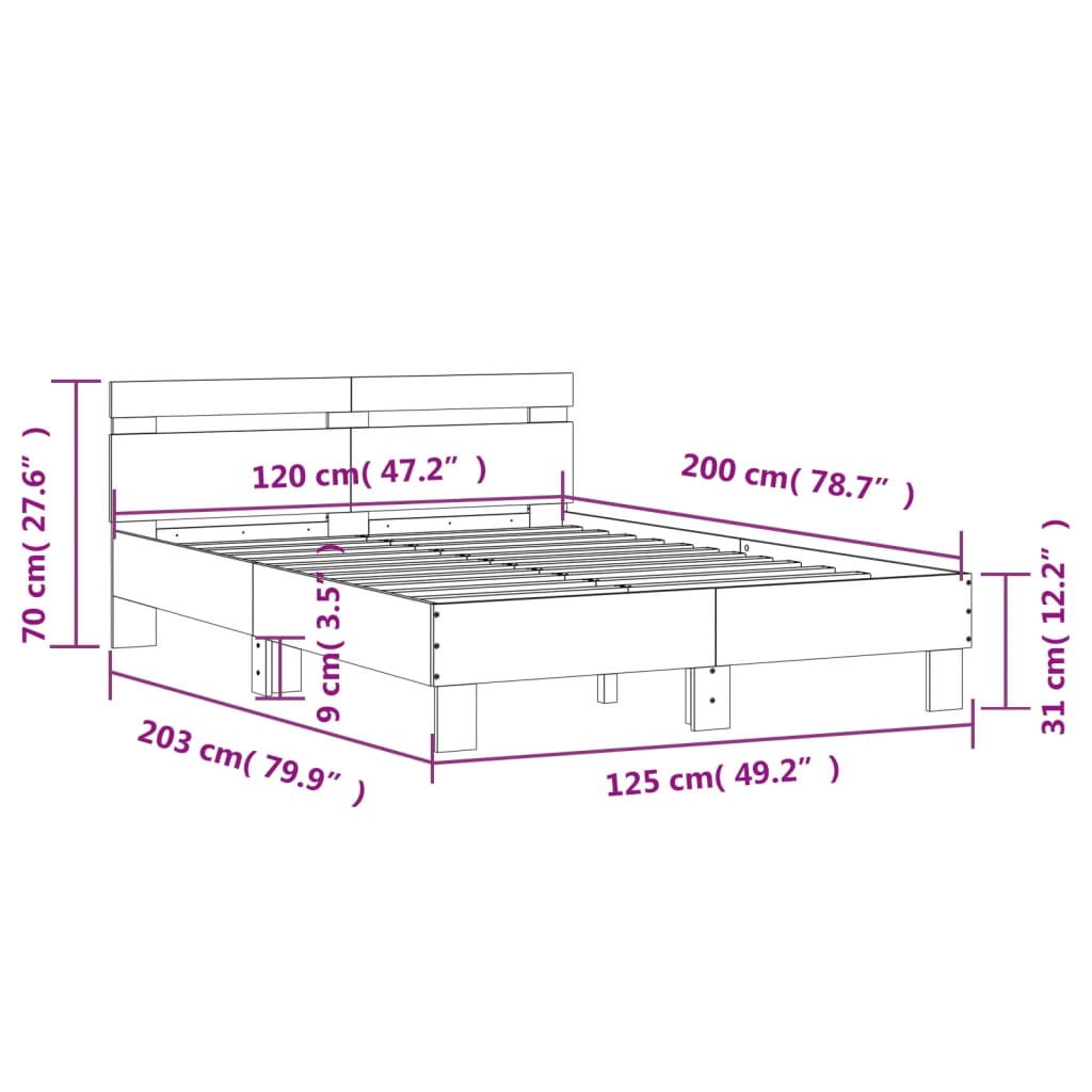 vidaXL Bettgestell mit Kopfteil Grau Sonoma 120x200 cm Holzwerkstoff