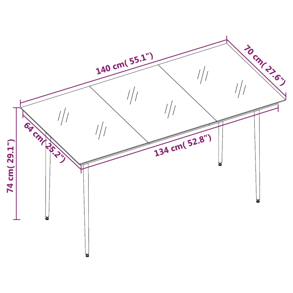 vidaXL Garten-Esstisch Schwarz 140x70x74 cm Stahl und Glas