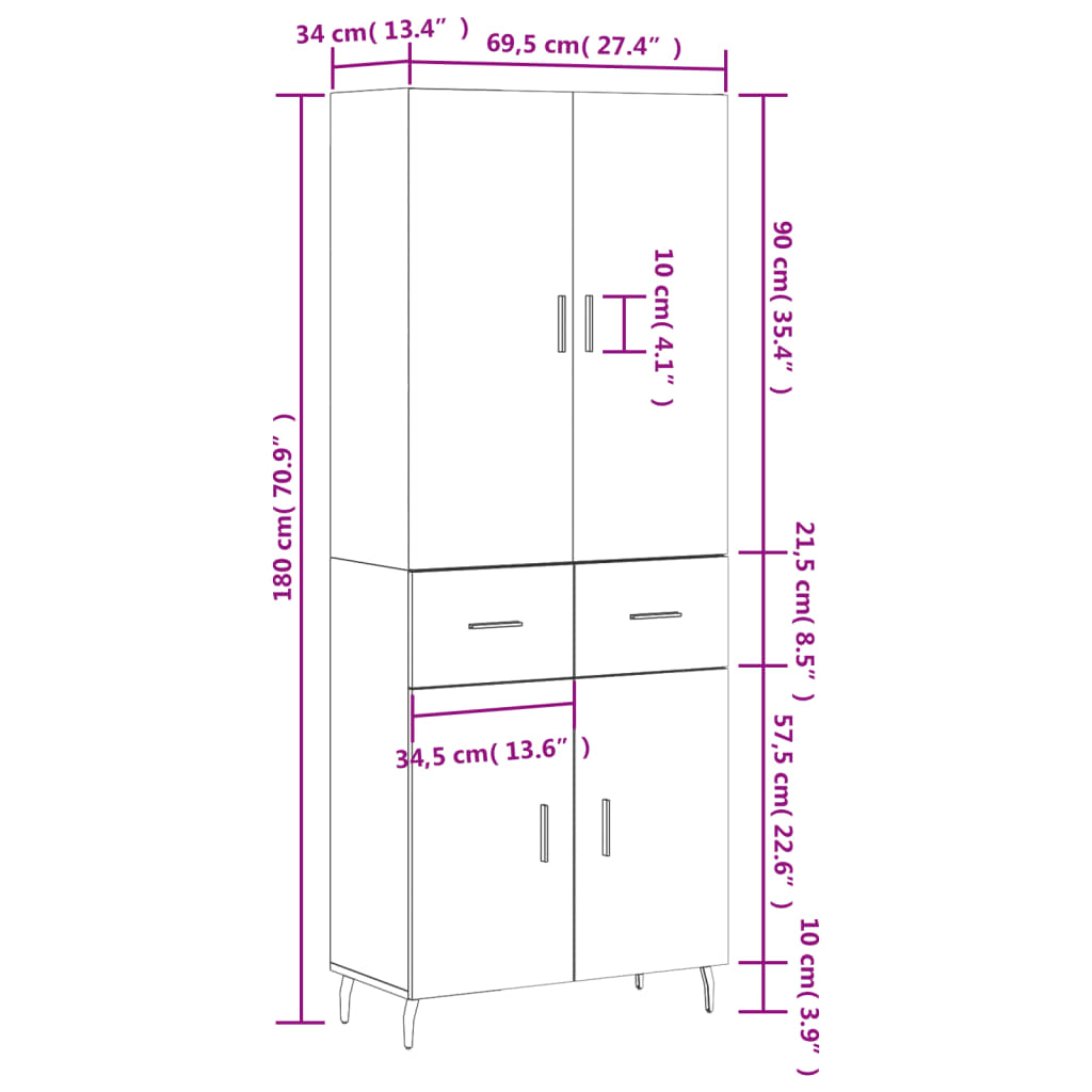 vidaXL Highboard Betongrau 69,5x34x180 cm Holzwerkstoff