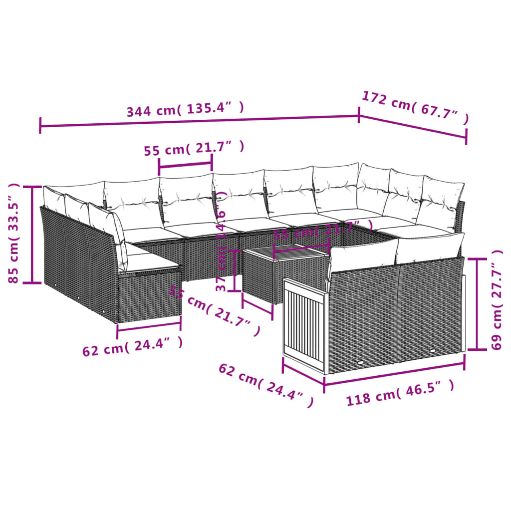 vidaXL 13-tlg. Garten-Sofagarnitur mit Kissen Schwarz Poly Rattan