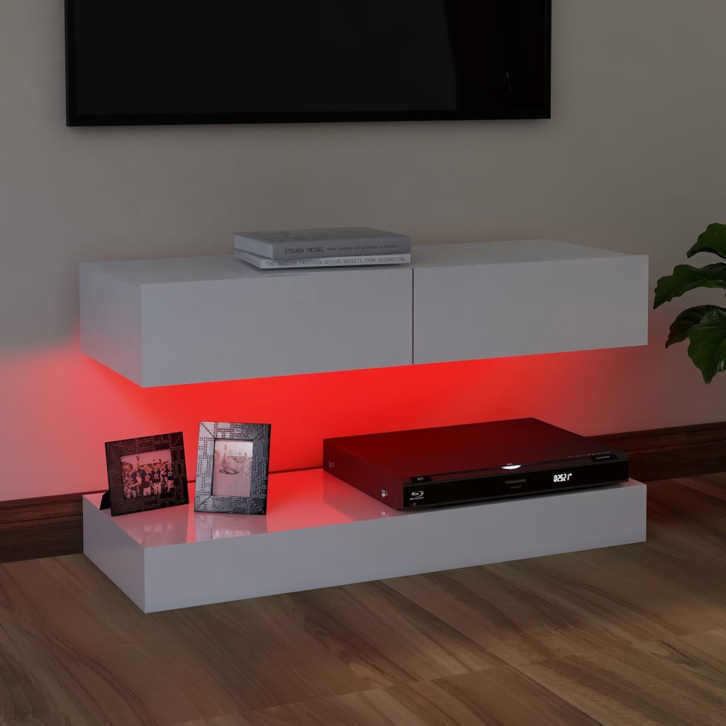 vidaXL TV-Schrank mit LED-Leuchten Hochglanz-Weiß 90x35 cm