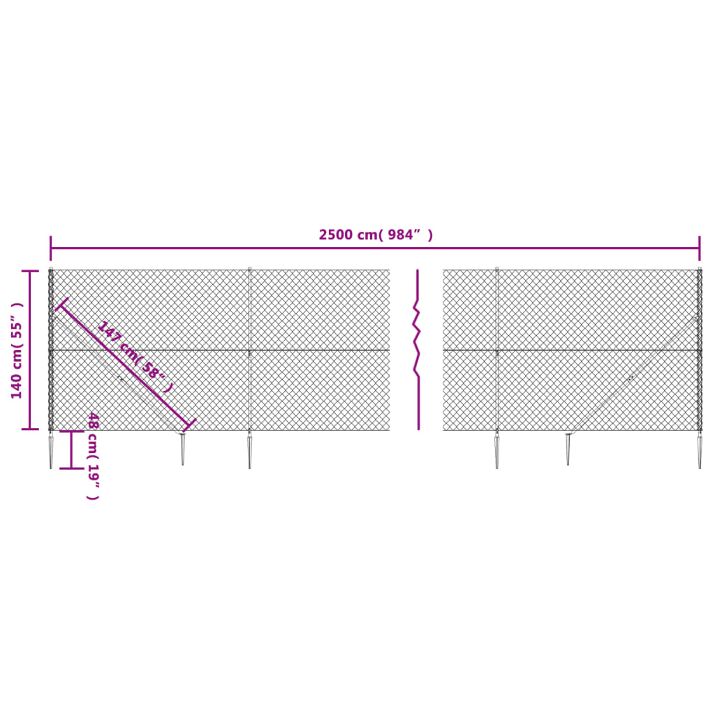 vidaXL Maschendrahtzaun mit Bodenhülsen Anthrazit 1,4x25 m