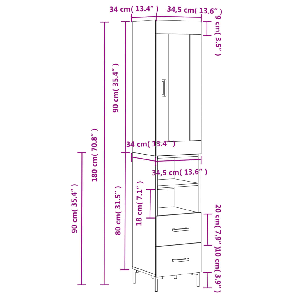 vidaXL Highboard Weiß 34,5x34x180 cm Holzwerkstoff