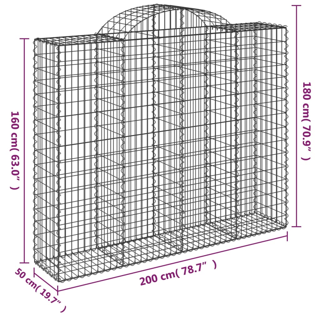 vidaXL Gabionen mit Hochbogen 7 Stk. 200x50x160/180cm Verzinktes Eisen