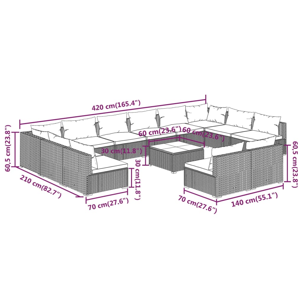 vidaXL 13-tlg. Garten-Lounge-Set mit Kissen Grau Poly Rattan