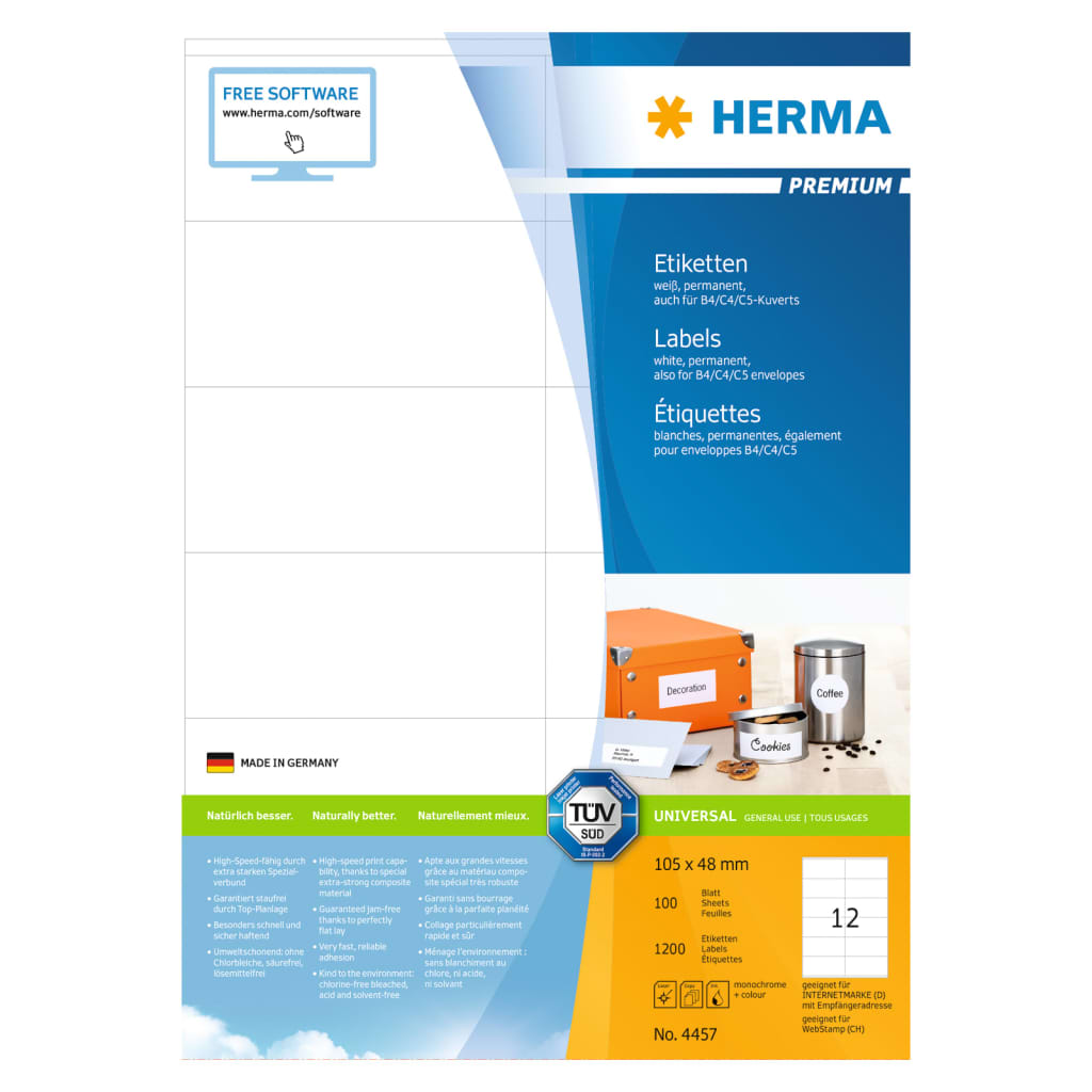 HERMA Etiketten PREMIUM Permanent Haftend A4 105x48 mm 100 Blätter