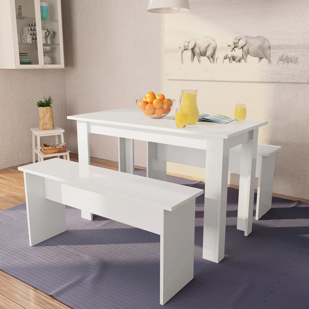 vidaXL 3-tlg. Essgruppe Tisch und Bänke Holzwerkstoff Weiß