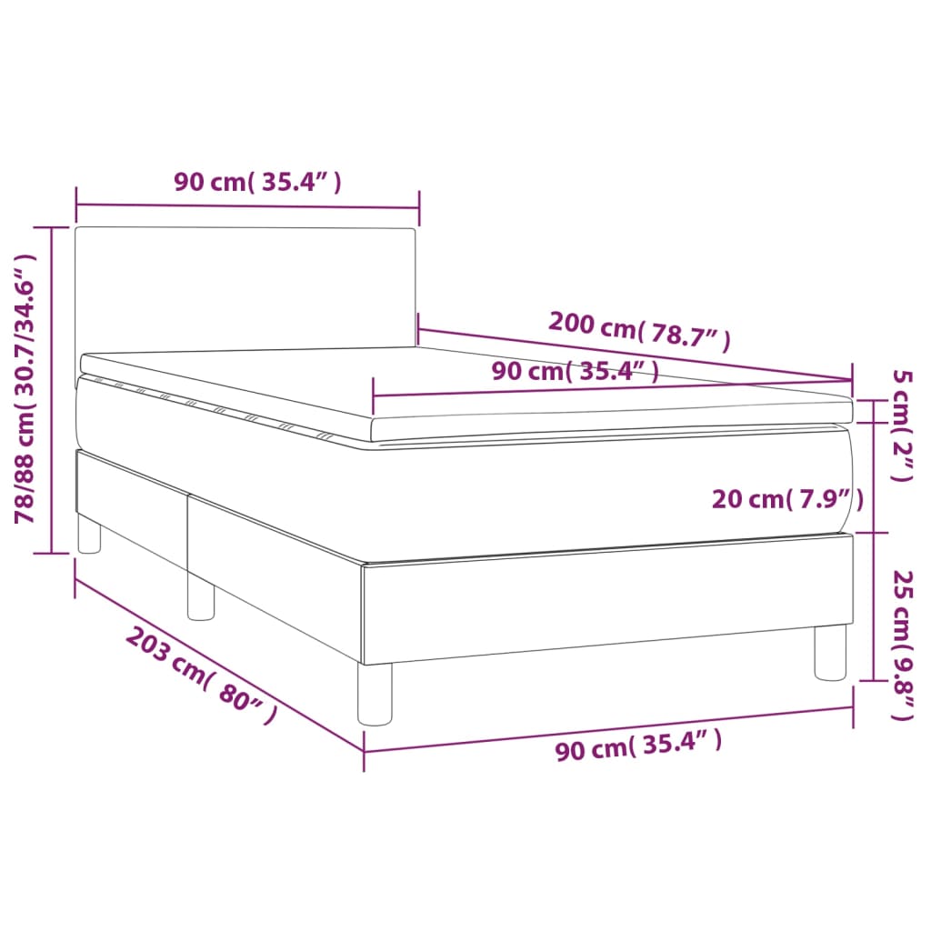 vidaXL Boxspringbett mit Matratze & LED Grau 90x200 cm Kunstleder