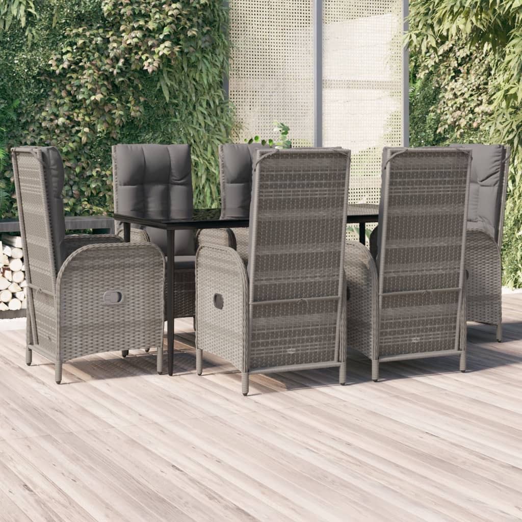 vidaXL 7-tlg. Garten-Essgruppe mit Kissen Schwarz und Grau Poly Rattan