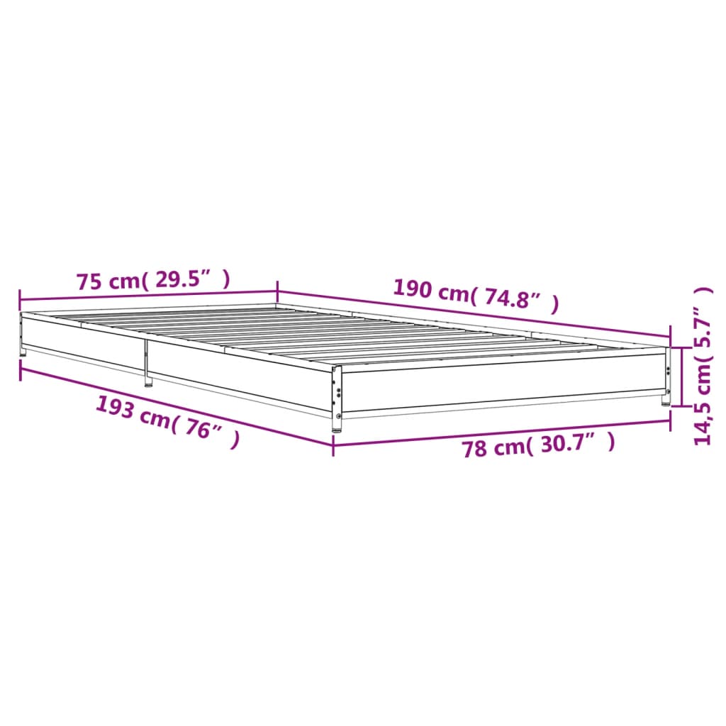 vidaXL Bettgestell Grau Sonoma 75x190 cm Holzwerkstoff und Metall