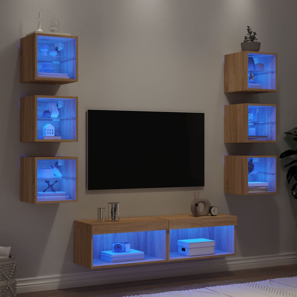 vidaXL 8-tlg. Wohnwand mit LED-Beleuchtung Sonoma-Eiche Holzwerkstoff