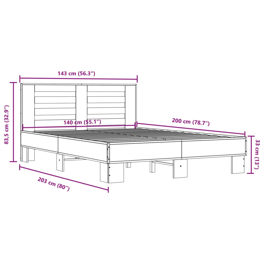 vidaXL Bettgestell Sonoma-Eiche 140x200 cm Holzwerkstoff und Metall