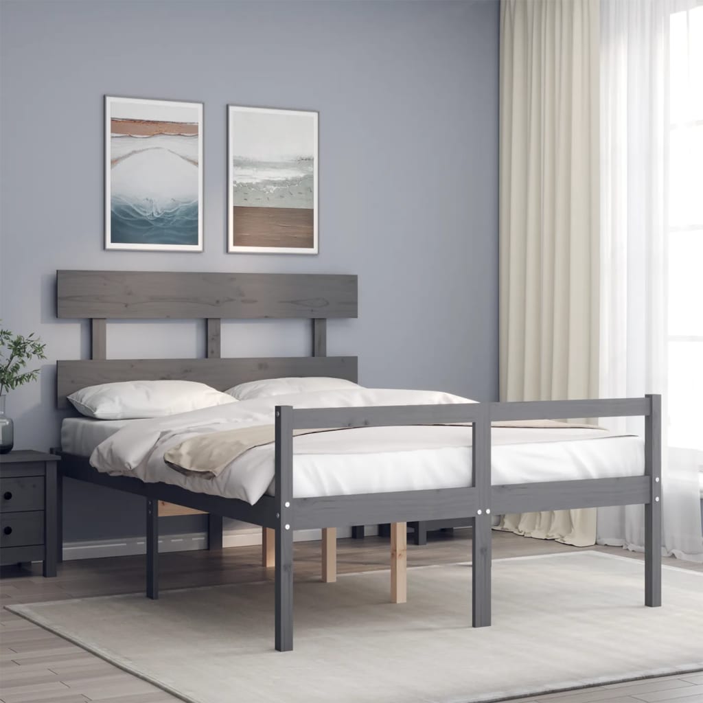 vidaXL Seniorenbett mit Kopfteil 140x190 cm Grau Massivholz