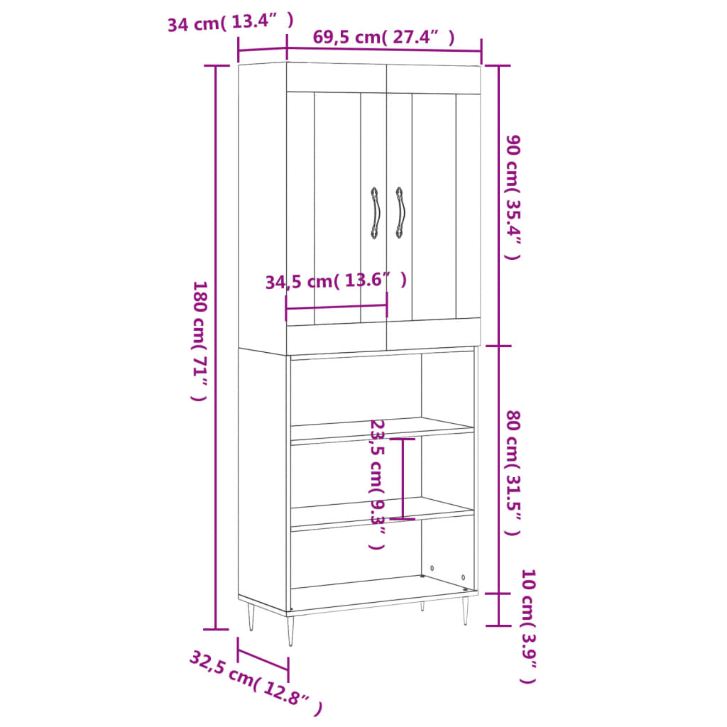 vidaXL Highboard Hochglanz-Weiß 69,5x34x180 cm Holzwerkstoff