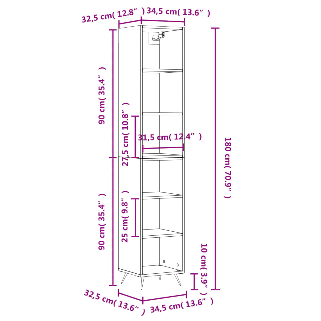 vidaXL Highboard Grau Sonoma 34,5x32,5x180 cm Holzwerkstoff