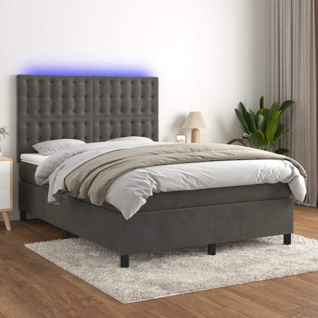 vidaXL Boxspringbett mit Matratze & LED Dunkelgrau 140x200 cm Samt