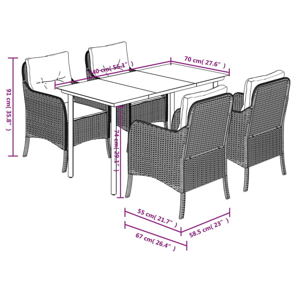 vidaXL 5-tlg. Garten-Essgruppe mit Kissen Schwarz Poly Rattan