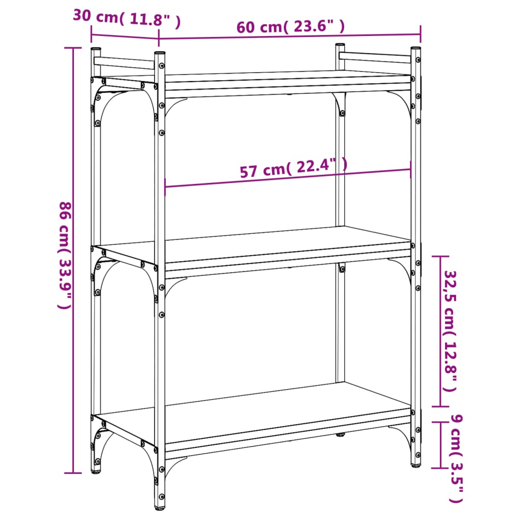 vidaXL Bücherregal 3 Böden Schwarz 60x30x86 cm Holzwerkstoff